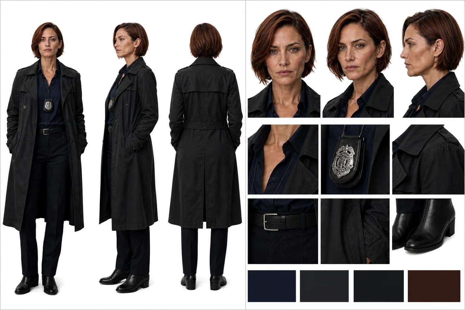 Front, profile, and back views of the same female detective