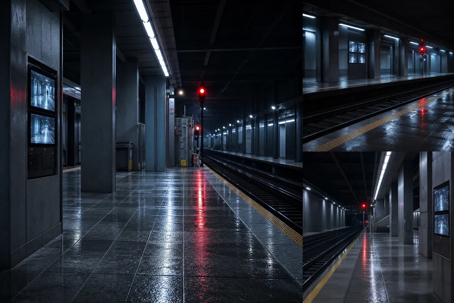 Longitudinal, lateral, and reverse views of the same rain-soaked subway station