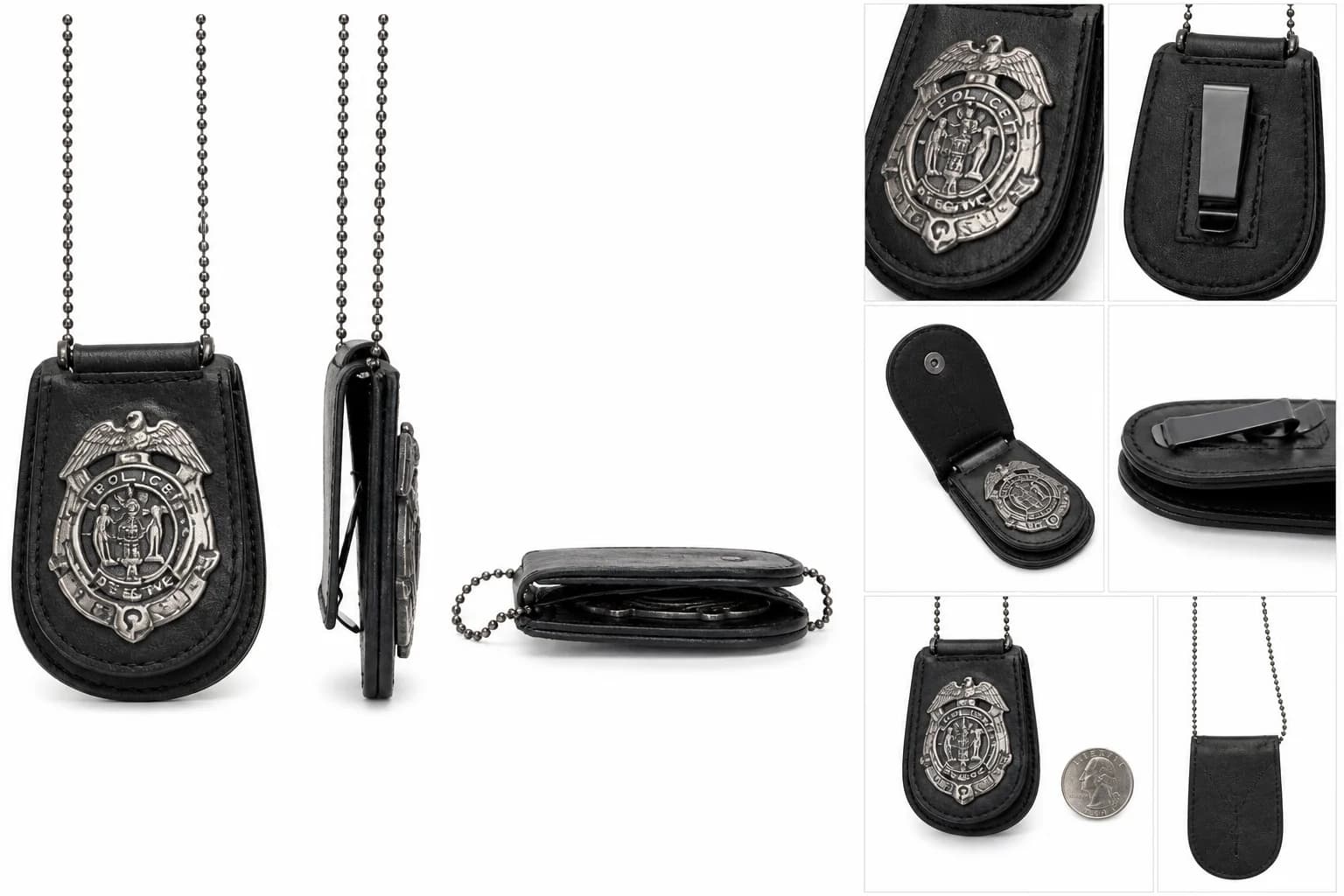 Front, side, and top views of the same detective badge in its leather holder