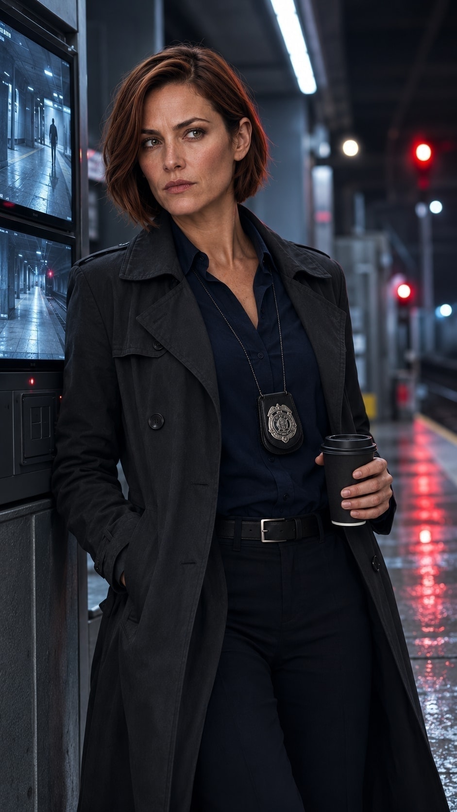 A Western detective at a subway station in the rain