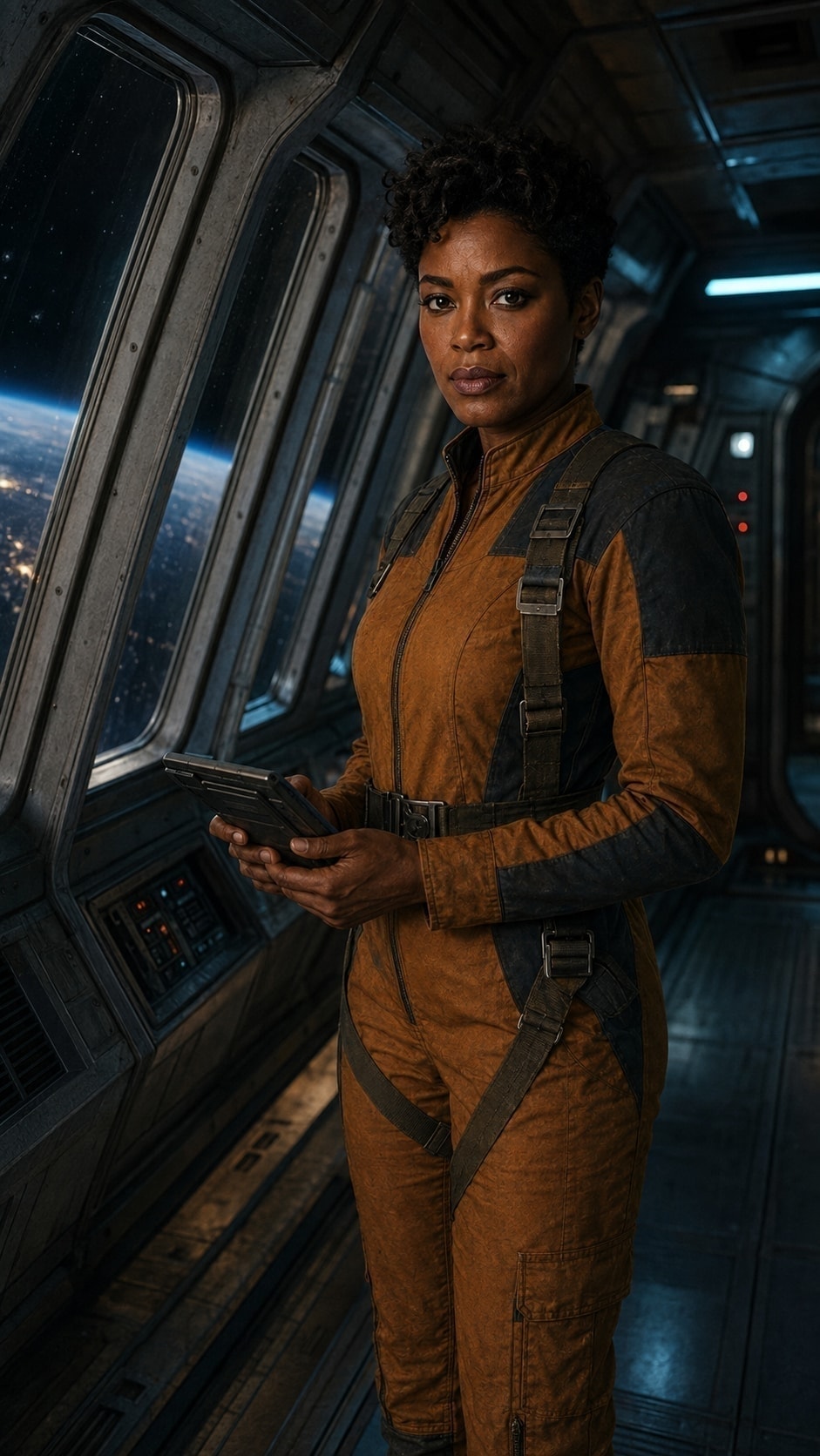 A Western aerospace engineer inside a retro orbital station